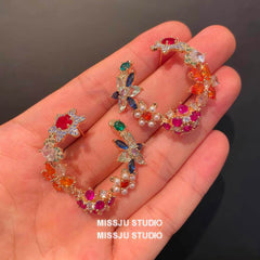 Vintage Multi Gemstone Floral Cutout Stud Hoop Earrings Multicolor