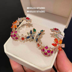 Vintage Multi Gemstone Floral Cutout Stud Hoop Earrings Multicolor