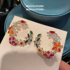 Vintage Multi Gemstone Floral Cutout Stud Hoop Earrings Multicolor
