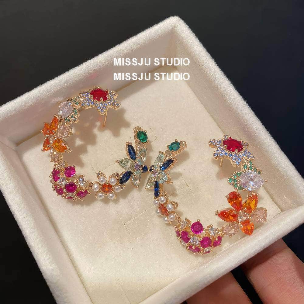 Vintage Multi Gemstone Floral Cutout Stud Hoop Earrings Multicolor