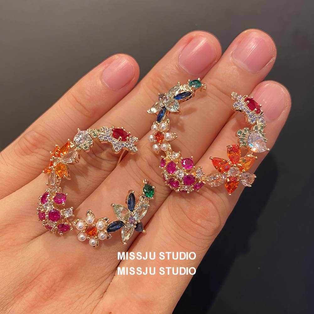 Vintage Multi Gemstone Floral Cutout Stud Hoop Earrings Multicolor