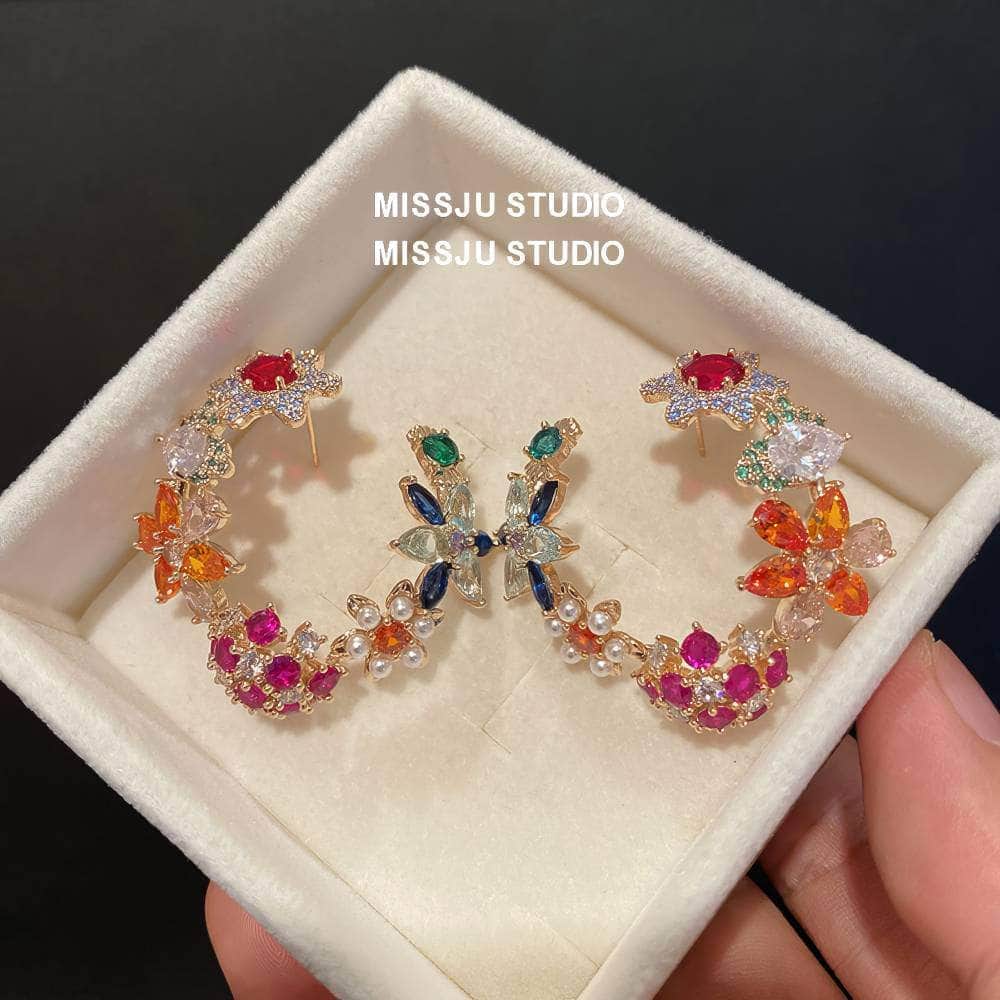Vintage Multi Gemstone Floral Cutout Stud Hoop Earrings Multicolor