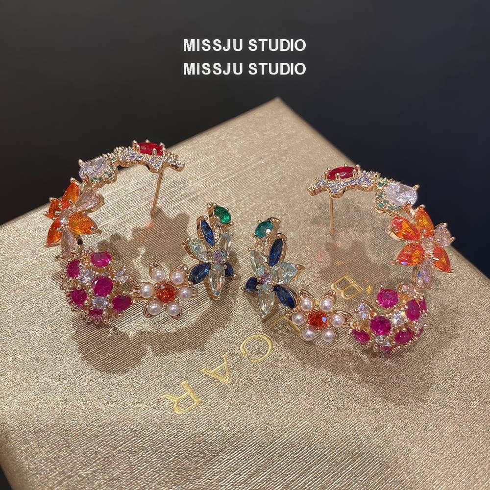 Vintage Multi Gemstone Floral Cutout Stud Hoop Earrings Multicolor