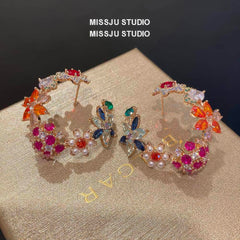 Vintage Multi Gemstone Floral Cutout Stud Hoop Earrings Multicolor