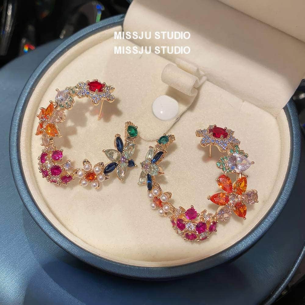 Vintage Multi Gemstone Floral Cutout Stud Hoop Earrings Multicolor