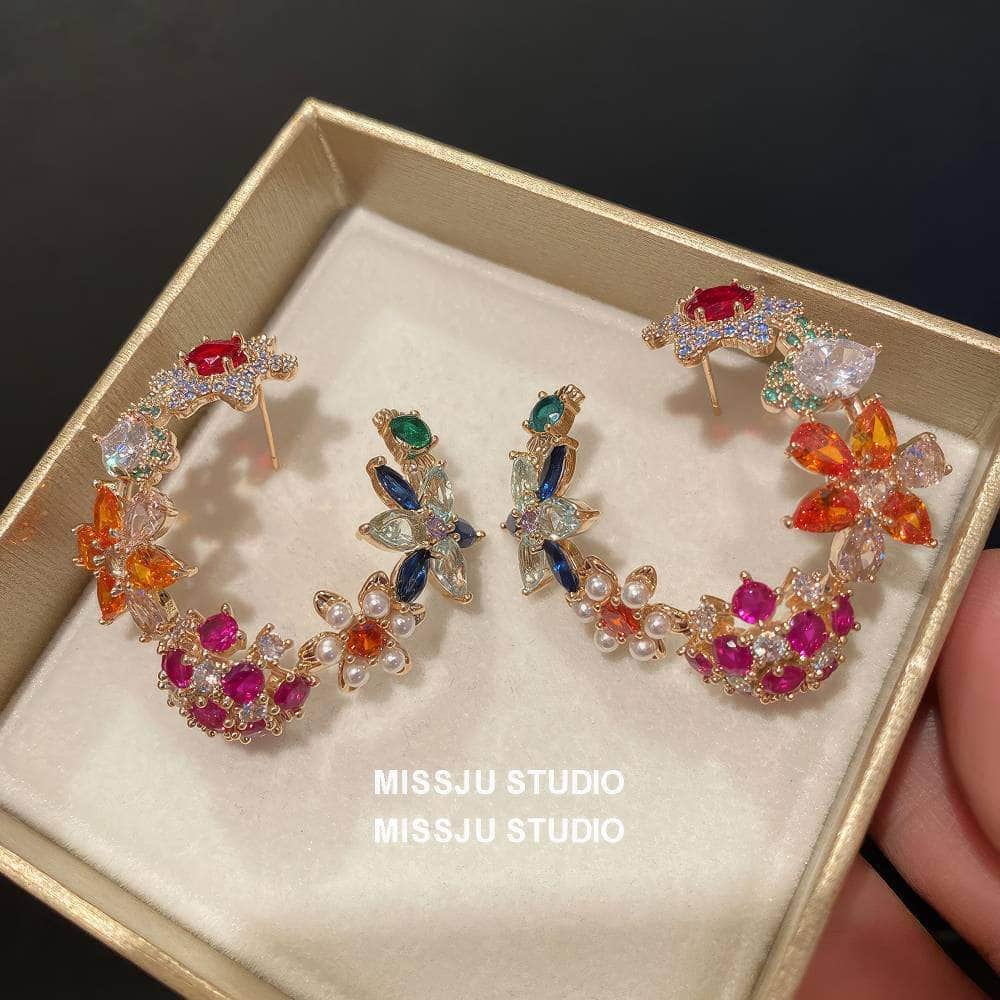 Vintage Multi Gemstone Floral Cutout Stud Hoop Earrings Multicolor