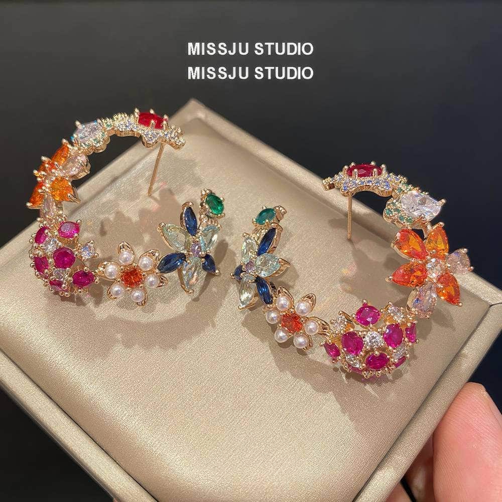 Vintage Multi Gemstone Floral Cutout Stud Hoop Earrings Multicolor