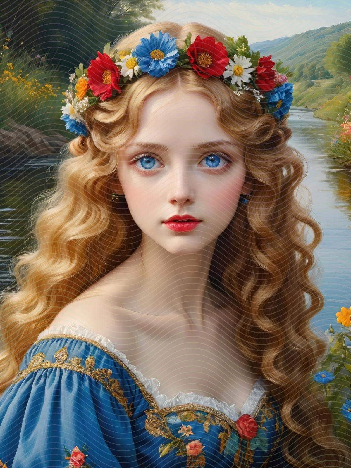 Vintage Painting of A Woman in Flowers in Her Hair