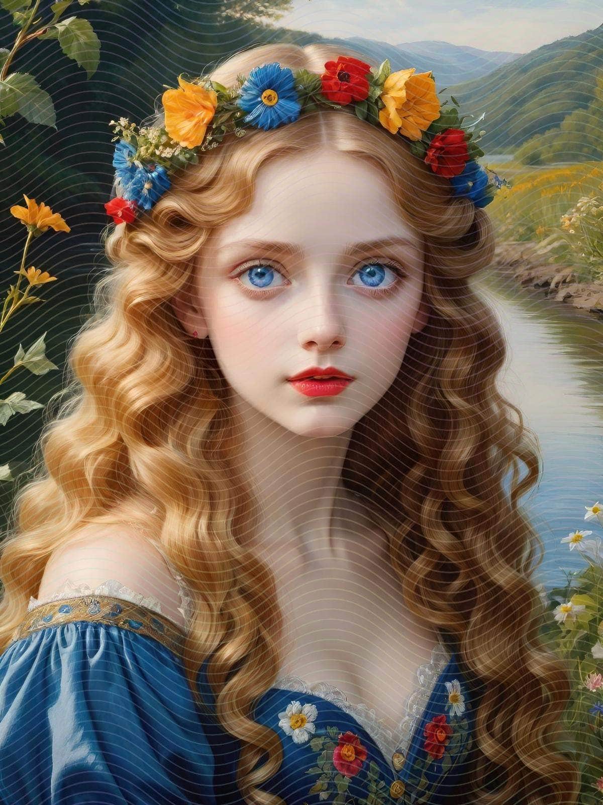 Vintage Painting of A Woman in Flowers in Her Hair