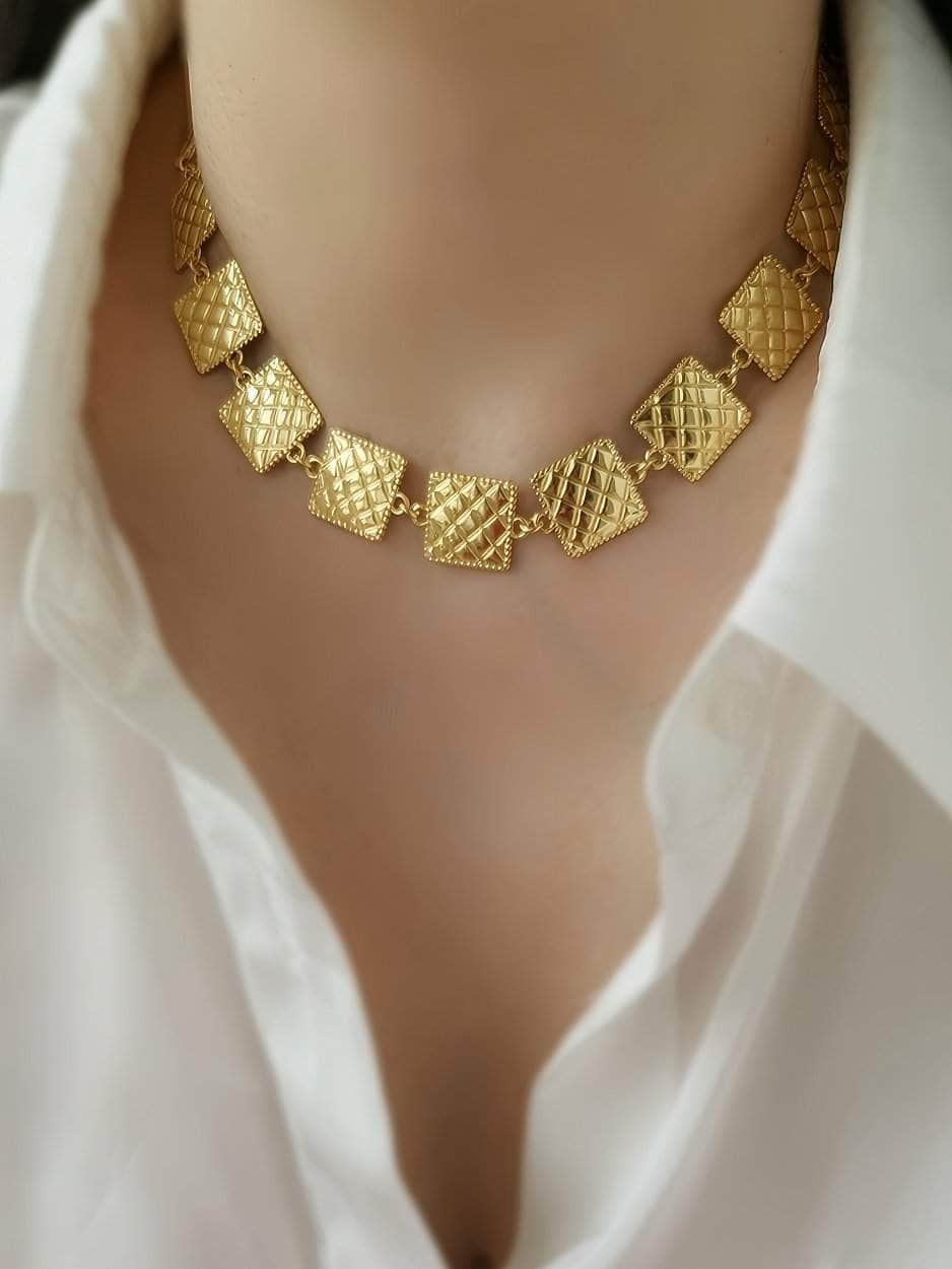 Vintage Square Shape Gold Collar Necklace