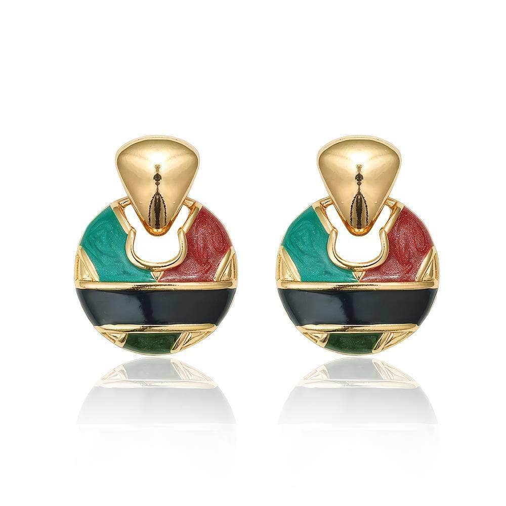 Vintage Tribal Glossy Gold Coral Statement Earrings Green / Clip On