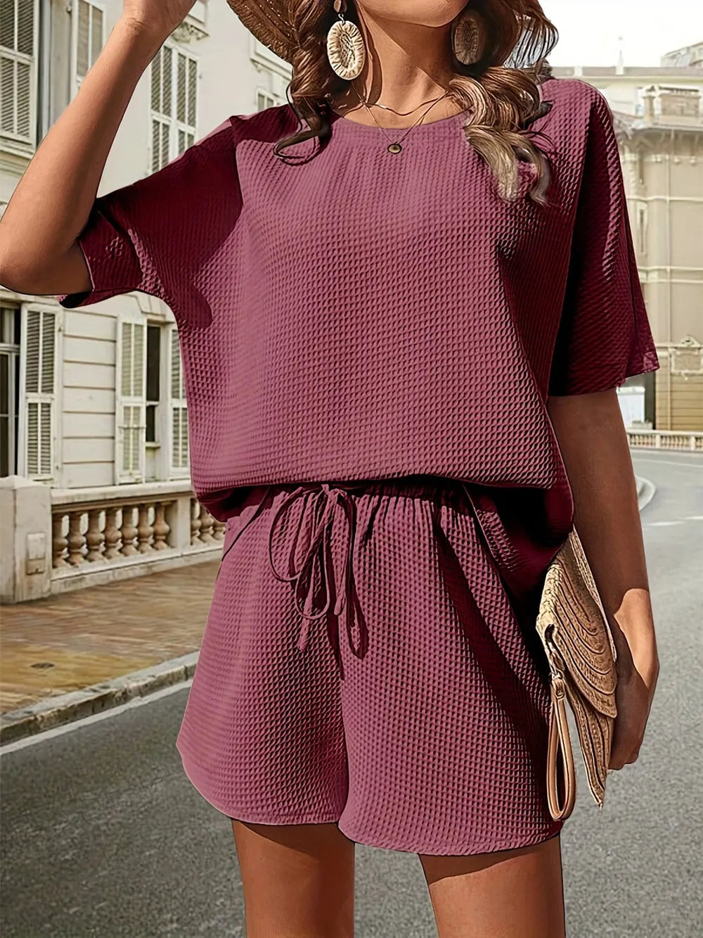 Waffle-Knit Half Sleeve Top and Shorts Set Burgundy / S