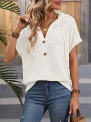 Waffle-Knit Hooded Short Sleeve Top