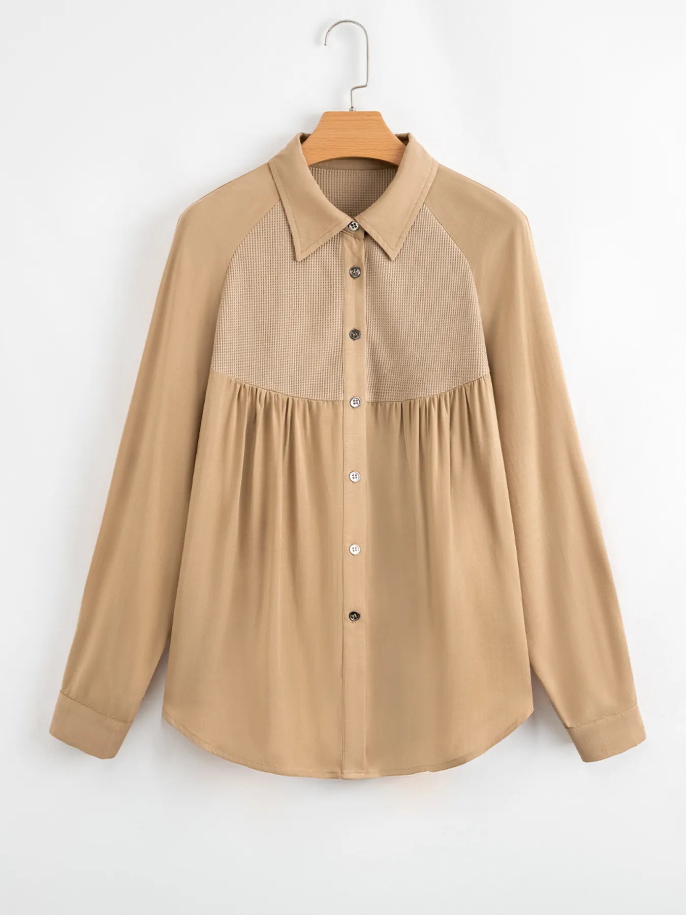 Waffle Patchwork Button Up Frayed Hem Shirt