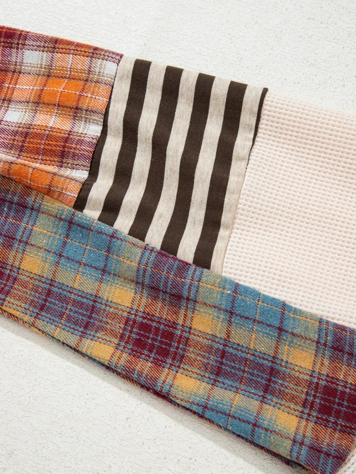 Waffle Stripe Plaid Patchwork Henley Knit Top