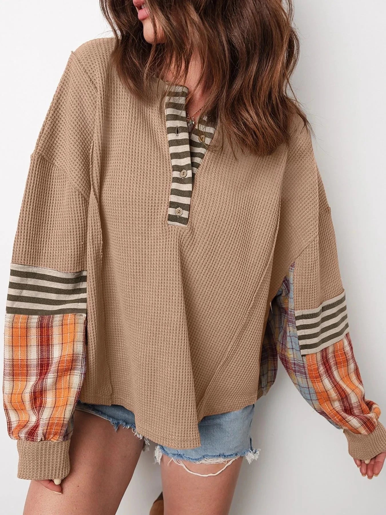 Waffle Stripe Plaid Patchwork Henley Knit Top Camel / S