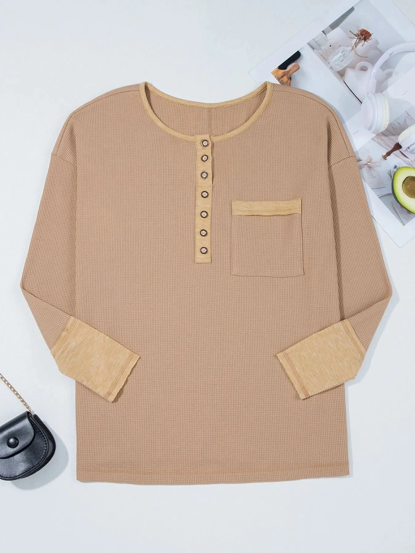Waffle Textured Tunic Henley Top with Slits