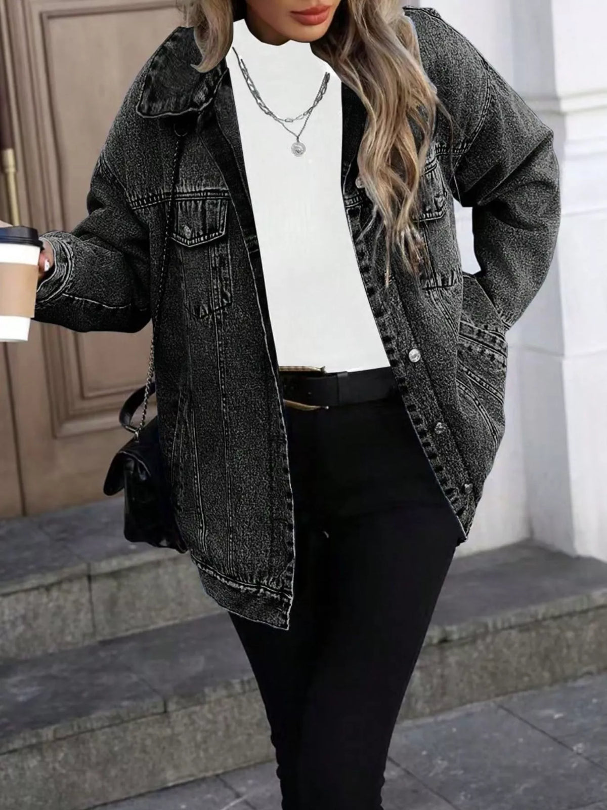 Washed Button Up Oversized Denim Jacket Grey / XS