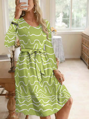 Wave Print Long Sleeve Tie Waist Dress