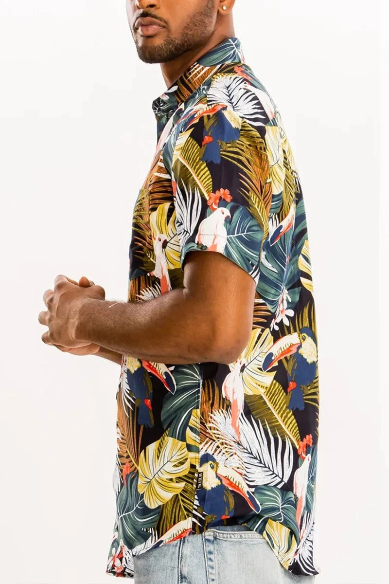 WEIV Full Size Hawaiian Print Button Down Shirt Plus Size