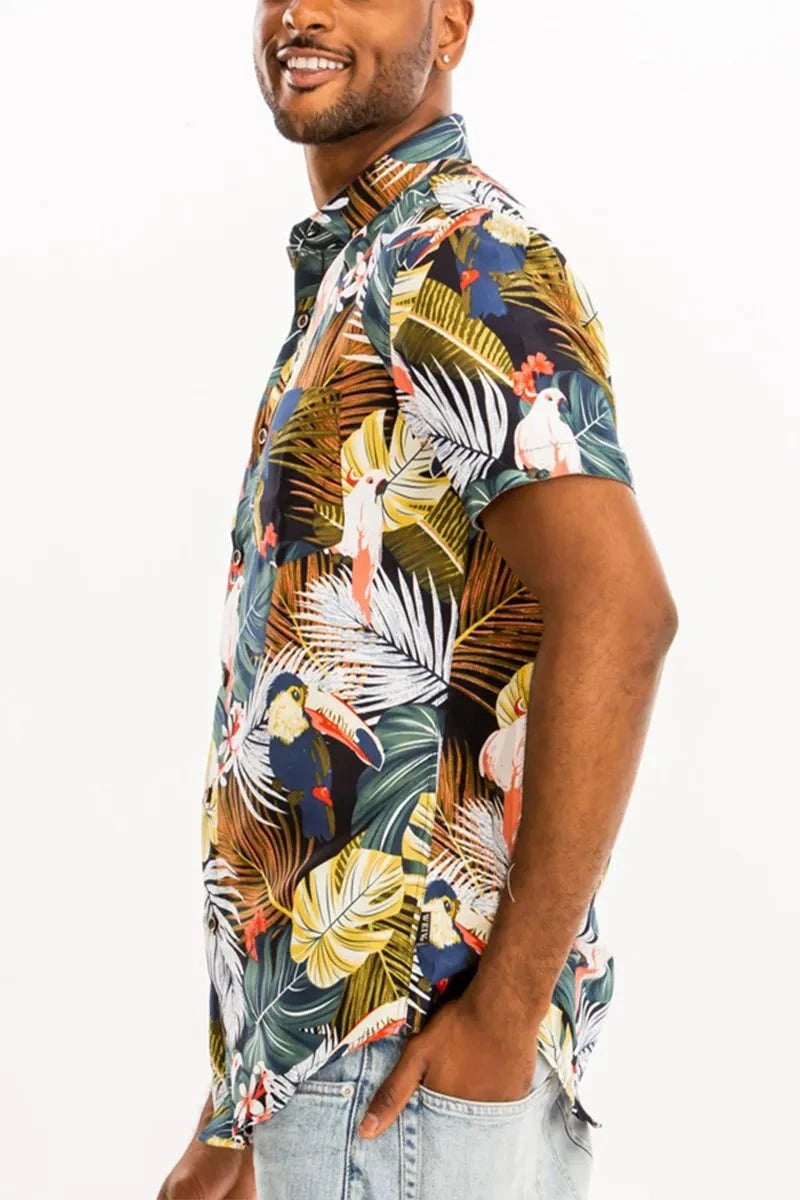 WEIV Full Size Hawaiian Print Button Down Shirt Plus Size