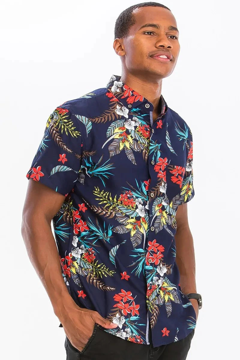 WEIV Men's Full Size Hawaiian Print Button Down Shirt Plus Size