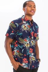 WEIV Men's Full Size Hawaiian Print Button Down Shirt Plus Size