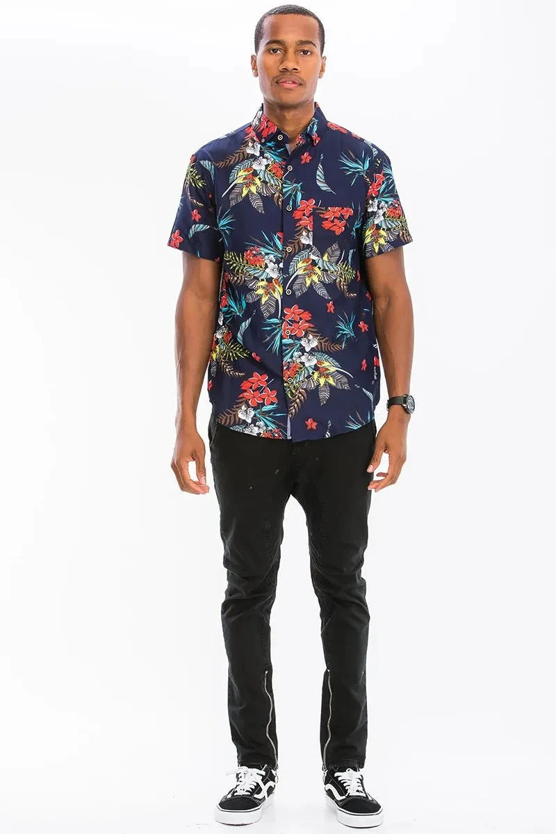 WEIV Men's Full Size Hawaiian Print Button Down Shirt Plus Size