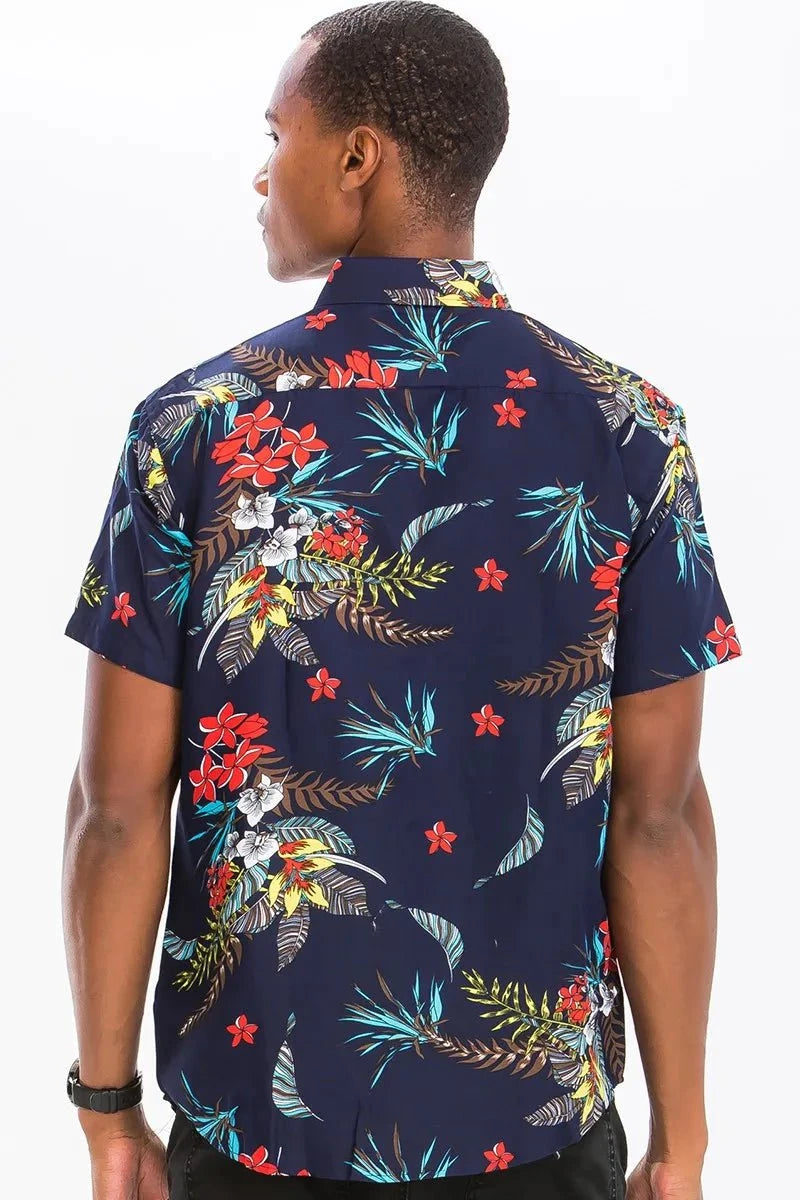WEIV Men's Full Size Hawaiian Print Button Down Shirt Plus Size