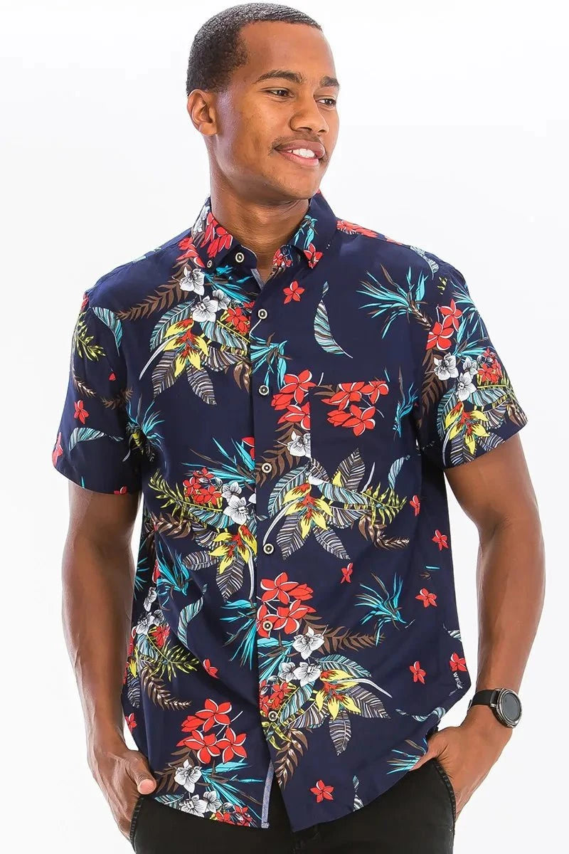 WEIV Men's Full Size Hawaiian Print Button Down Shirt Plus Size MULTI / S