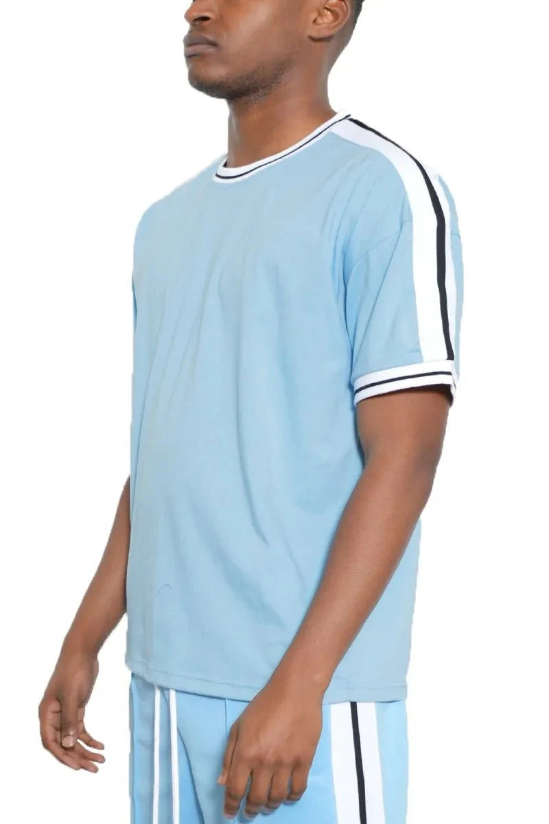 WEIV Men's Full Size Striped Tape Short Sleeve T-Shirt Plus Size LIGHT BLUE / S