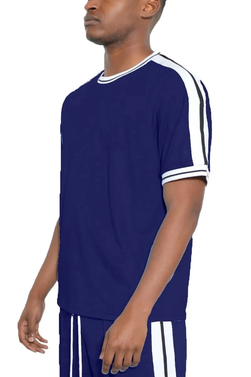 WEIV Men's Full Size Striped Tape Short Sleeve T-Shirt Plus Size NAVY / S