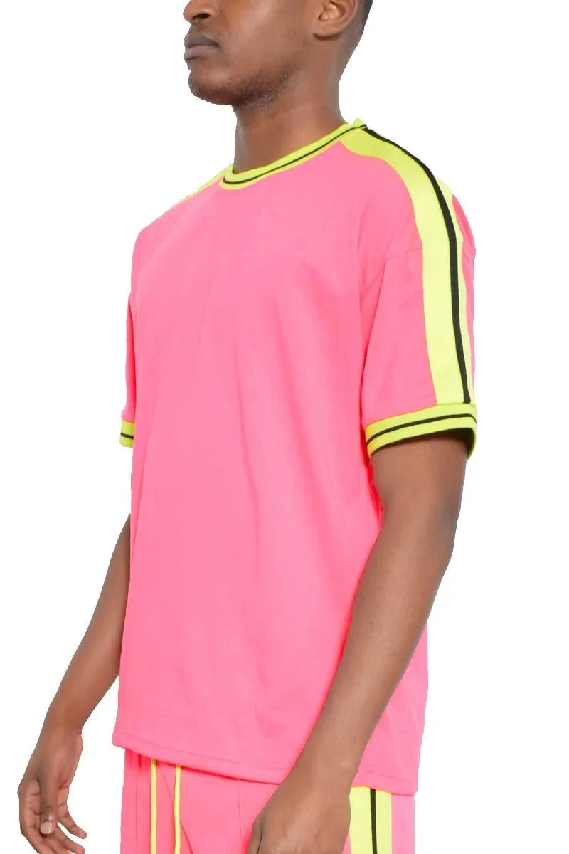WEIV Men's Full Size Striped Tape Short Sleeve T-Shirt Plus Size PINK / S