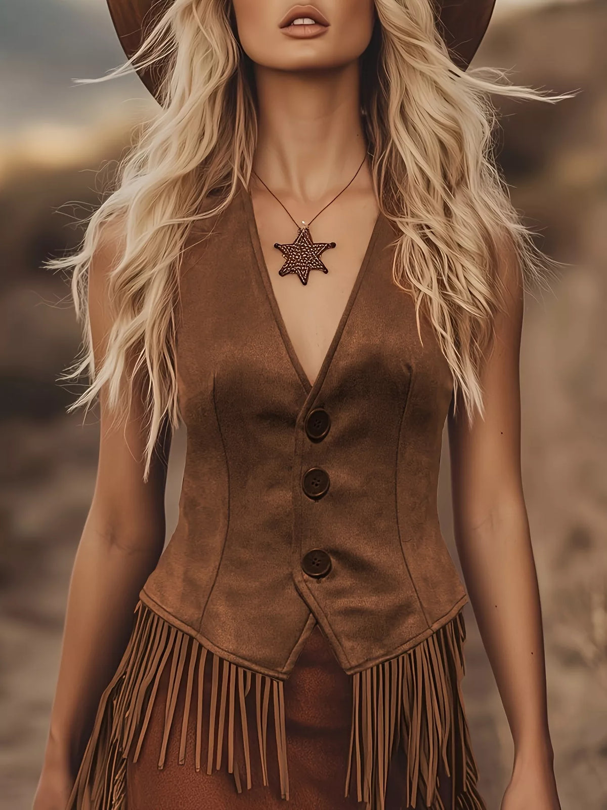 Western Fringe Vest Coat Dark Brown / S