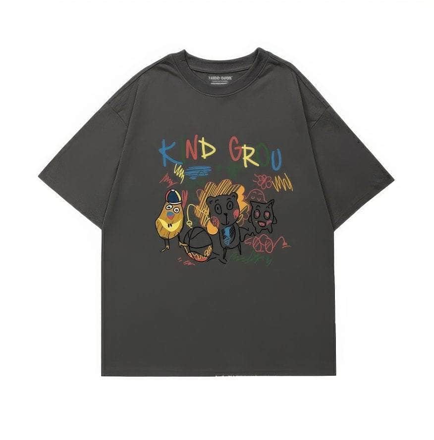 Whimsical "KIND GROU" Cartoon Character Graphic Print T-Shirt US 4 / Black