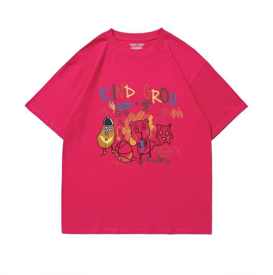 Whimsical "KIND GROU" Cartoon Character Graphic Print T-Shirt US 4 / MediumVioletRed