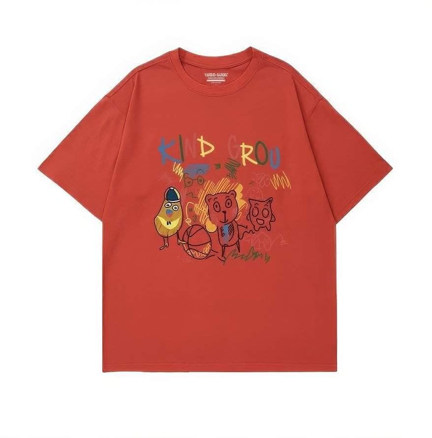 Whimsical "KIND GROU" Cartoon Character Graphic Print T-Shirt US 4 / OrangeRed