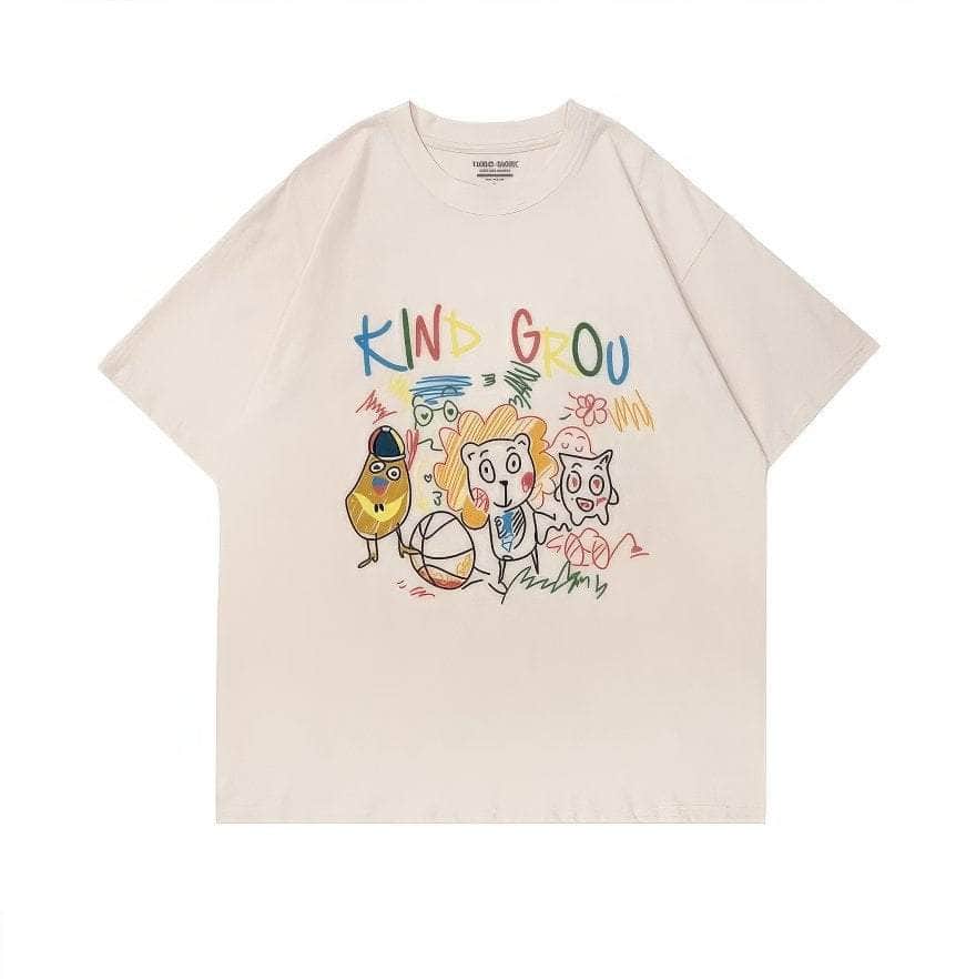 Whimsical "KIND GROU" Cartoon Character Graphic Print T-Shirt US 4 / PapayaWhip