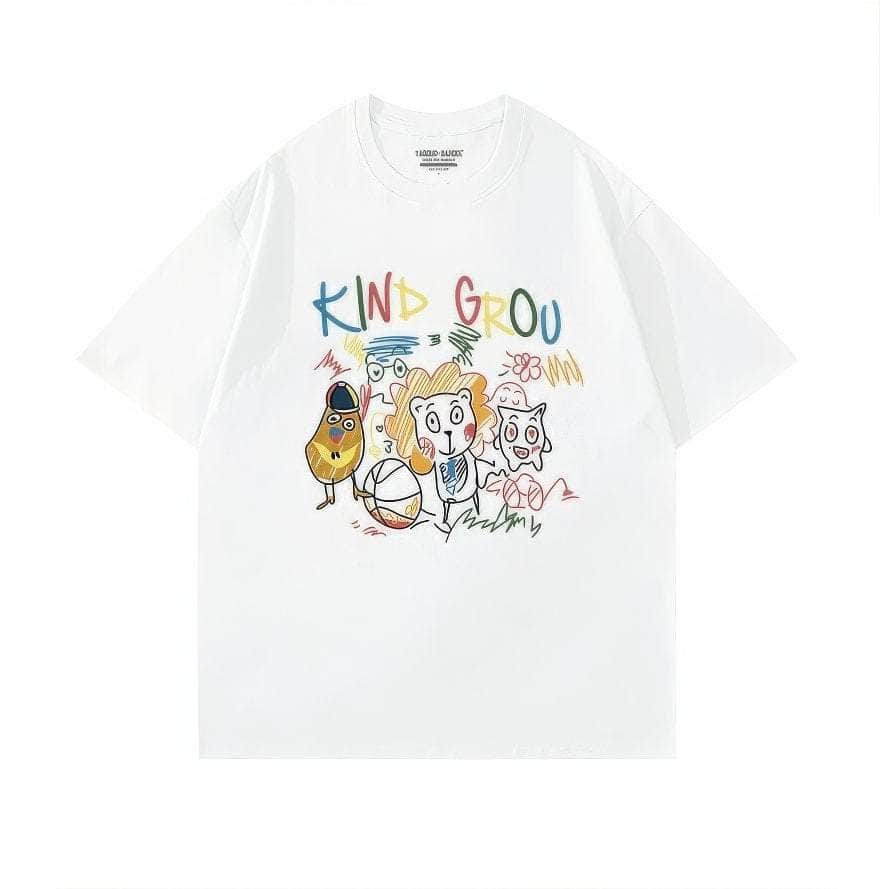 Whimsical "KIND GROU" Cartoon Character Graphic Print T-Shirt US 4 / White