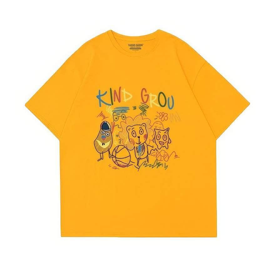 Whimsical "KIND GROU" Cartoon Character Graphic Print T-Shirt US 4 / Yellow