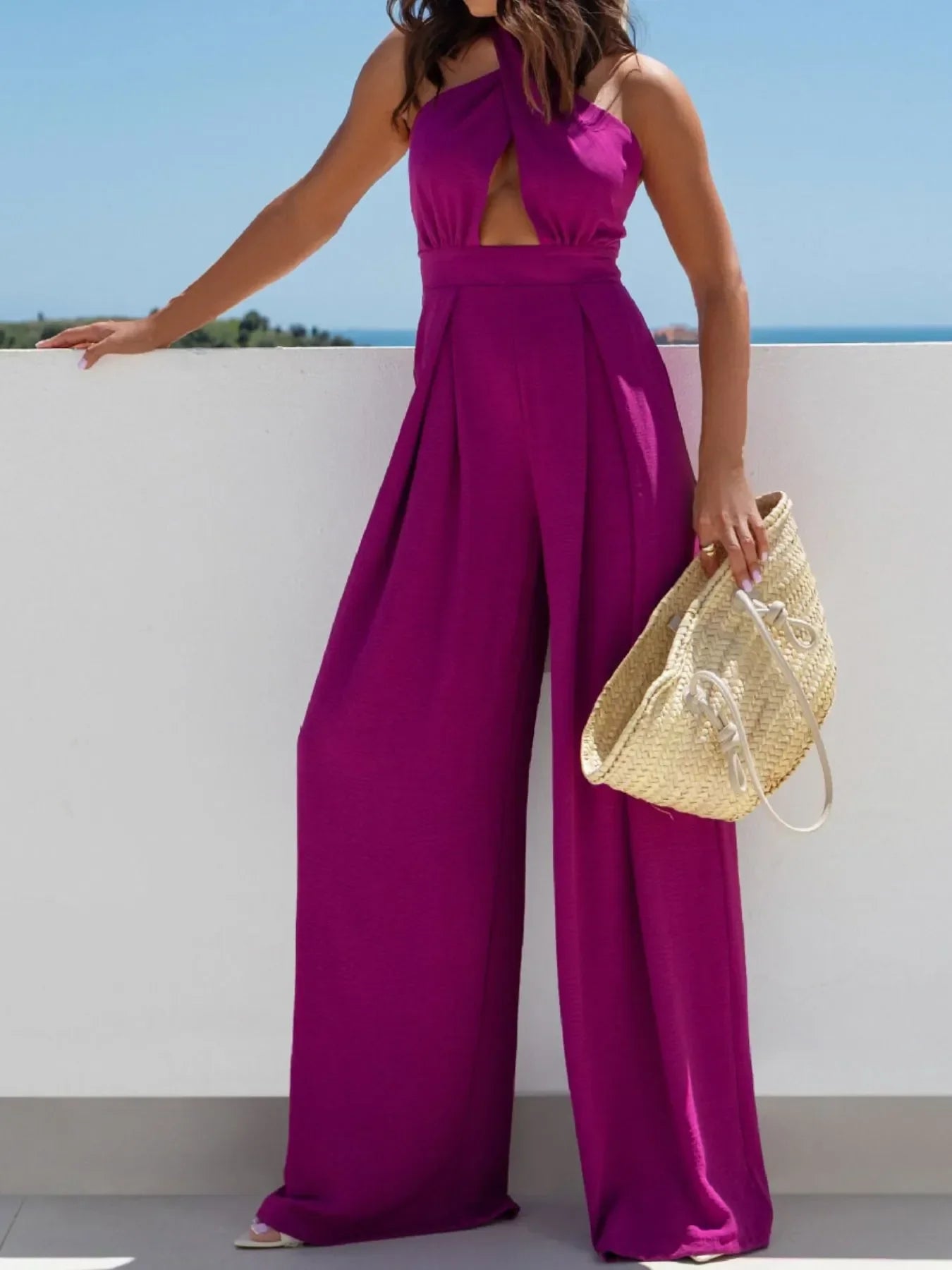 Wide Leg Cutout Halter Neck Jumpsuit