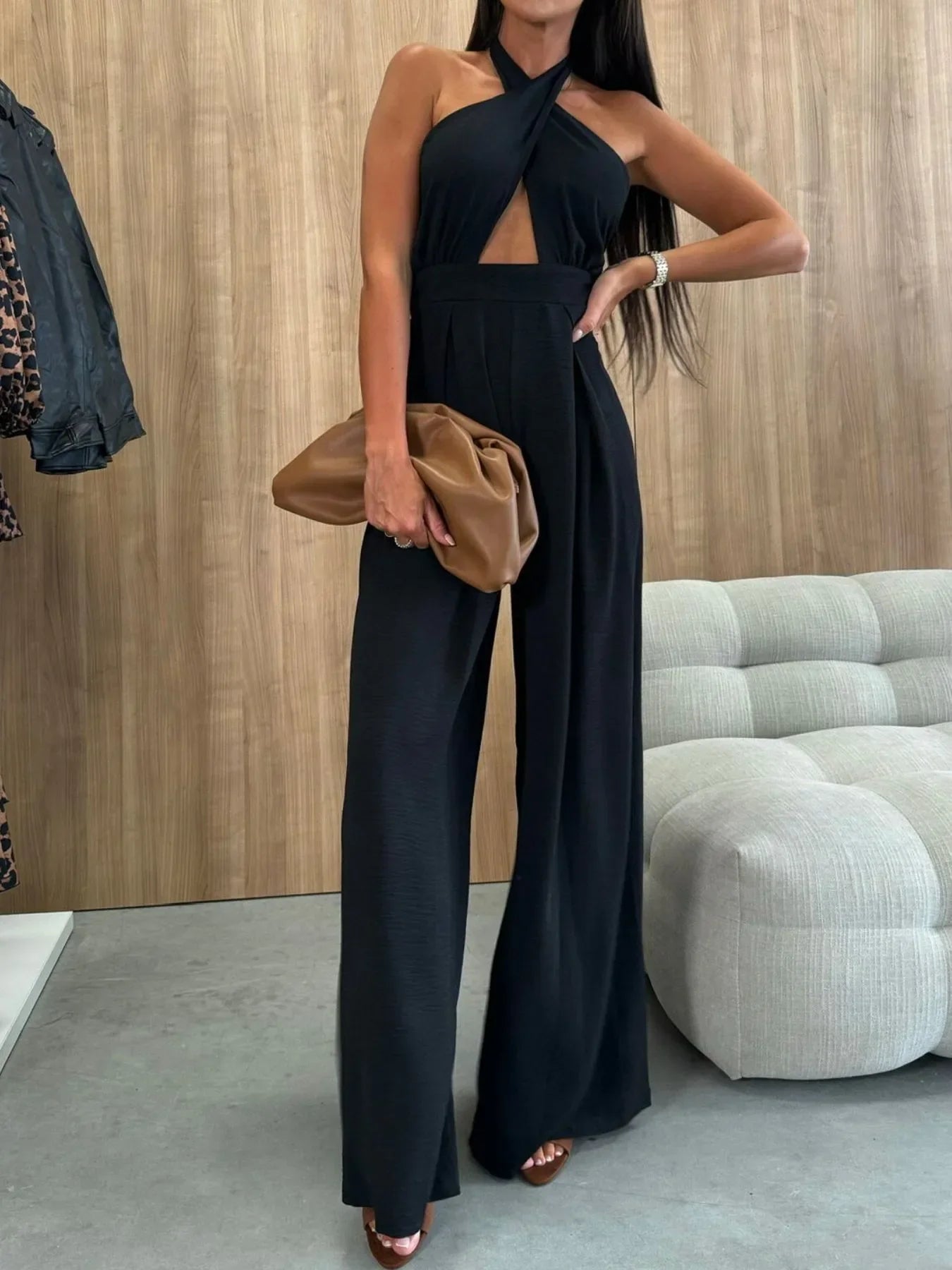 Wide Leg Cutout Halter Neck Jumpsuit