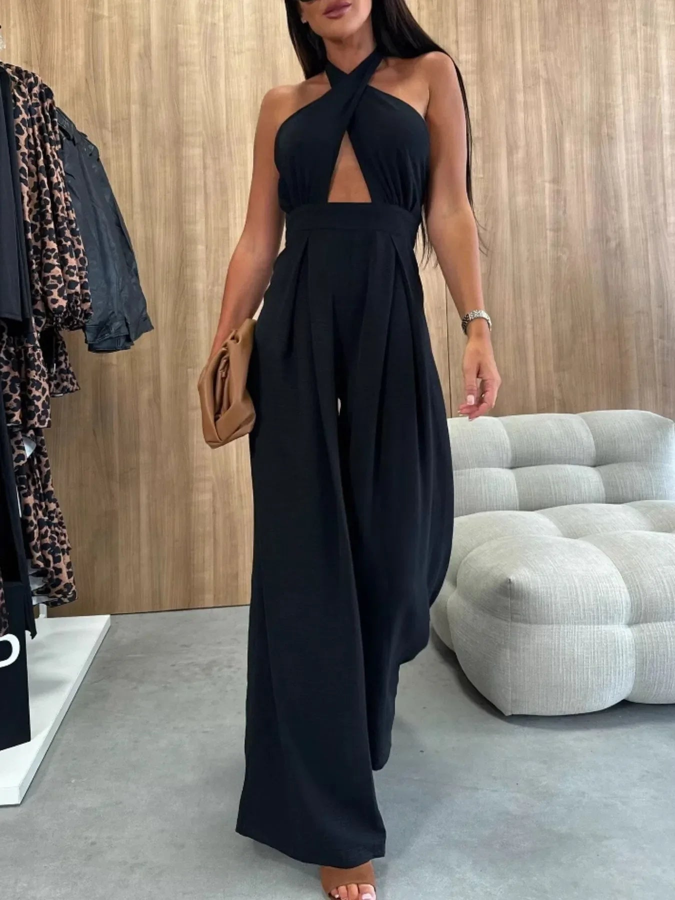Wide Leg Cutout Halter Neck Jumpsuit