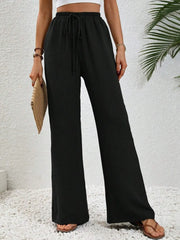 Wide Leg Drawstring Pants Black / S