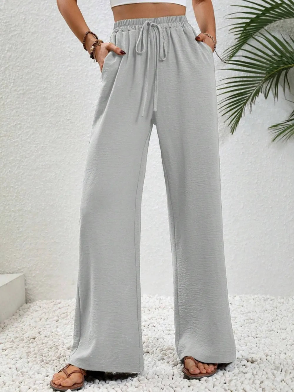 Wide Leg Drawstring Pants Light Gray / S