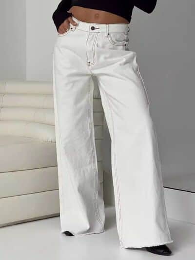 Wide Leg Jeans with Pockets White / S