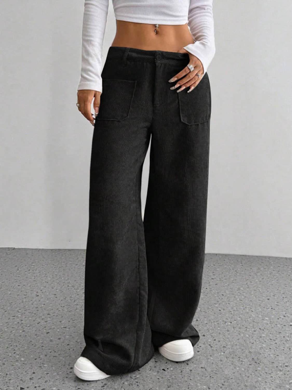 Wide Leg Pants with Pockets Black / S