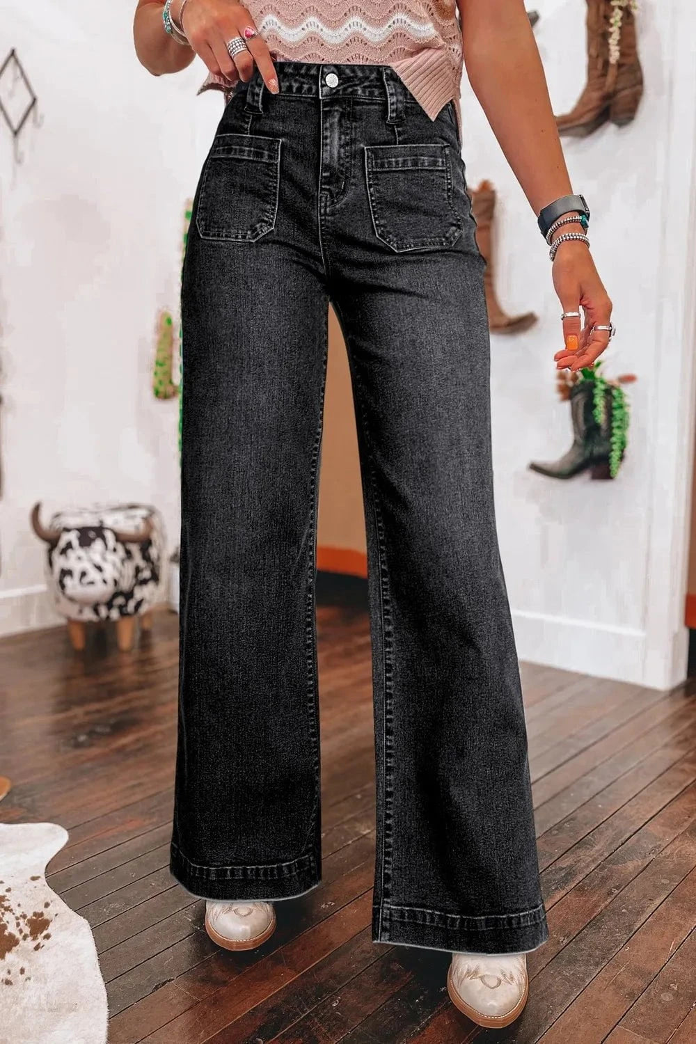 Wide Leg Pocketed High Waist Jeans Black / 4