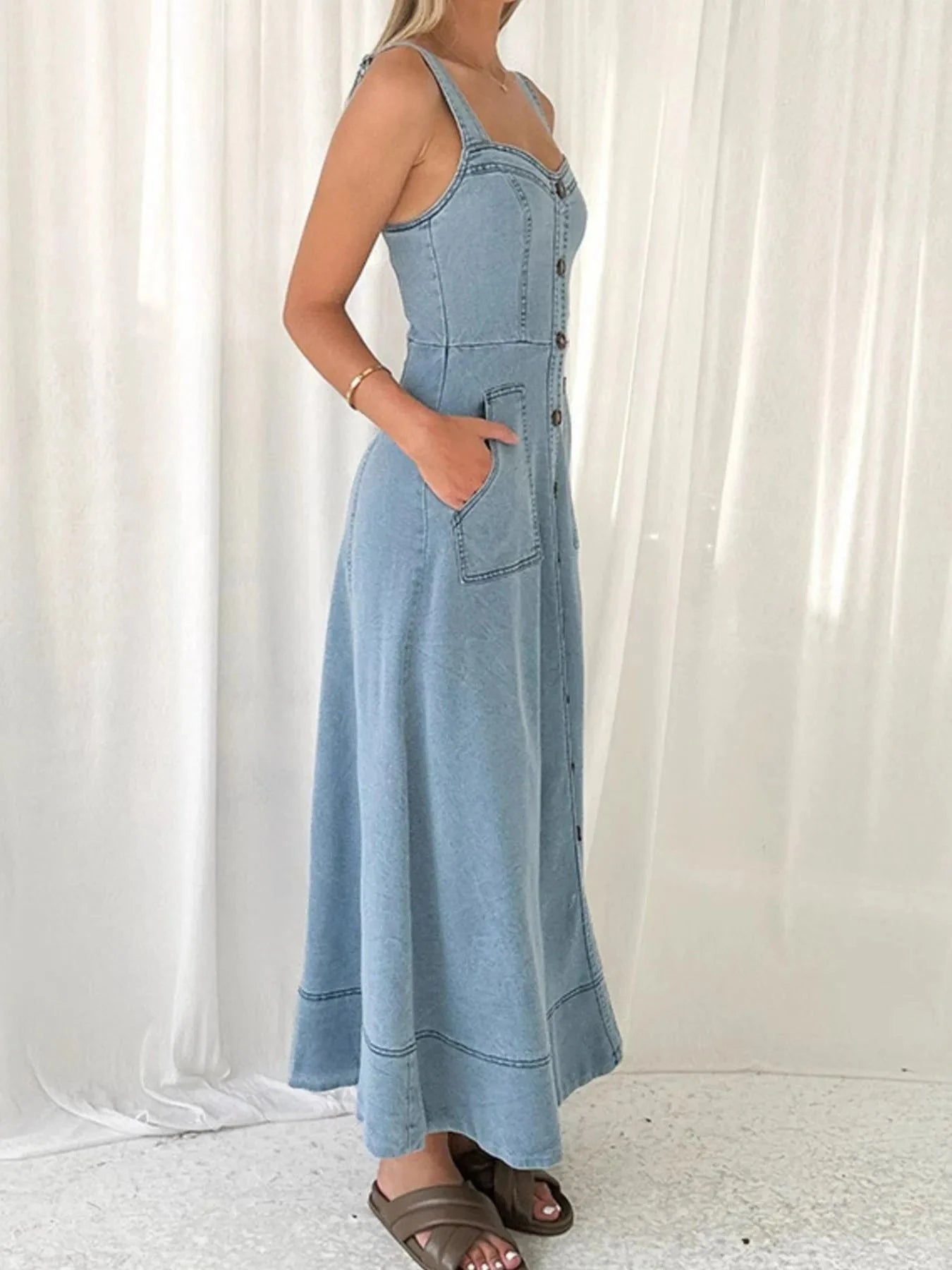 Wide Strap Sweetheart Neck Denim Dress