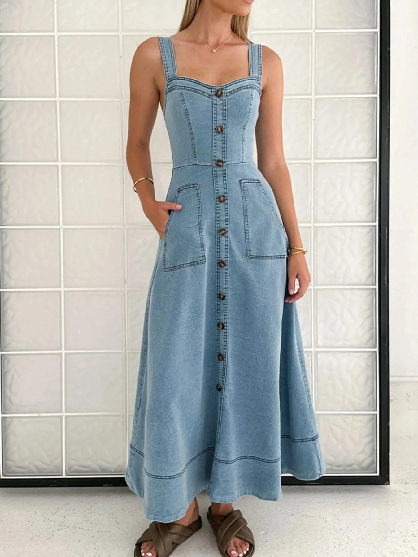 Wide Strap Sweetheart Neck Denim Dress